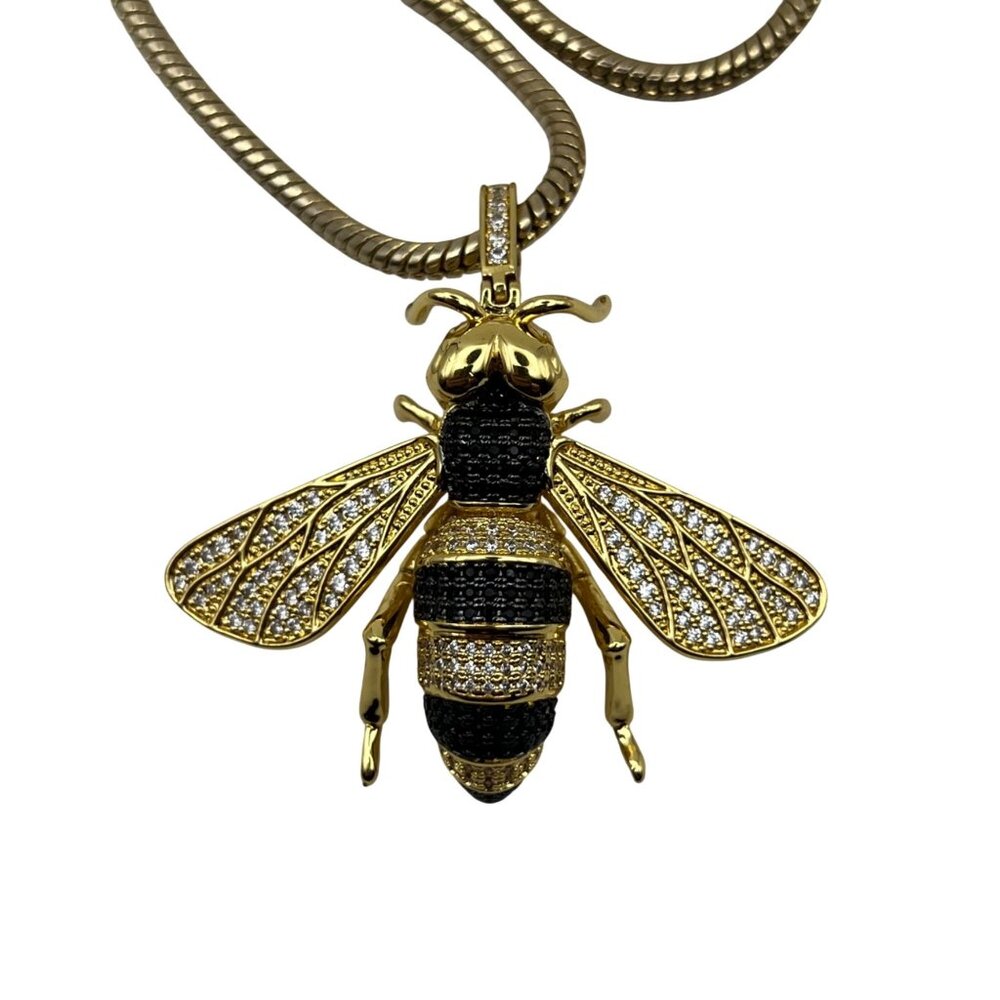 Gold Tone Bee Pendant Necklace Pave Crystal Black Stones Statement 24" LOOK - Picture 2 of 13